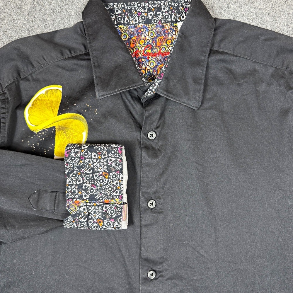 Robert Graham Classic Fit Mens 2XL Black Solid Embroidered Cotton Button-Up